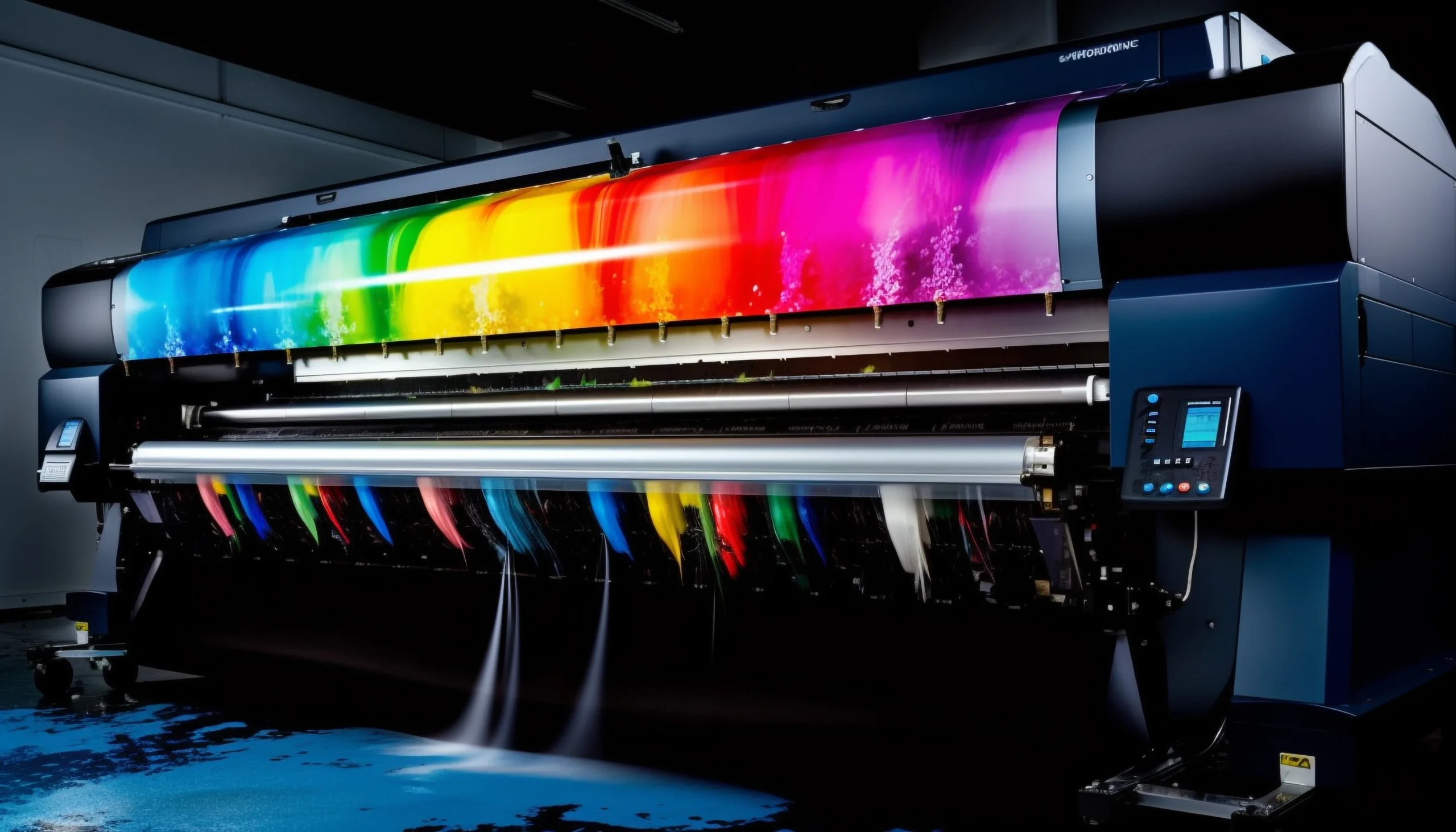 A sizable print machine featuring a colorful rainbow design prominently displayed.