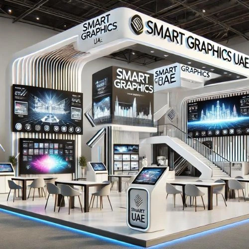 A large exhibition display featuring a modern graphics booth, showcasing innovative designs and engaging visuals.<br />
