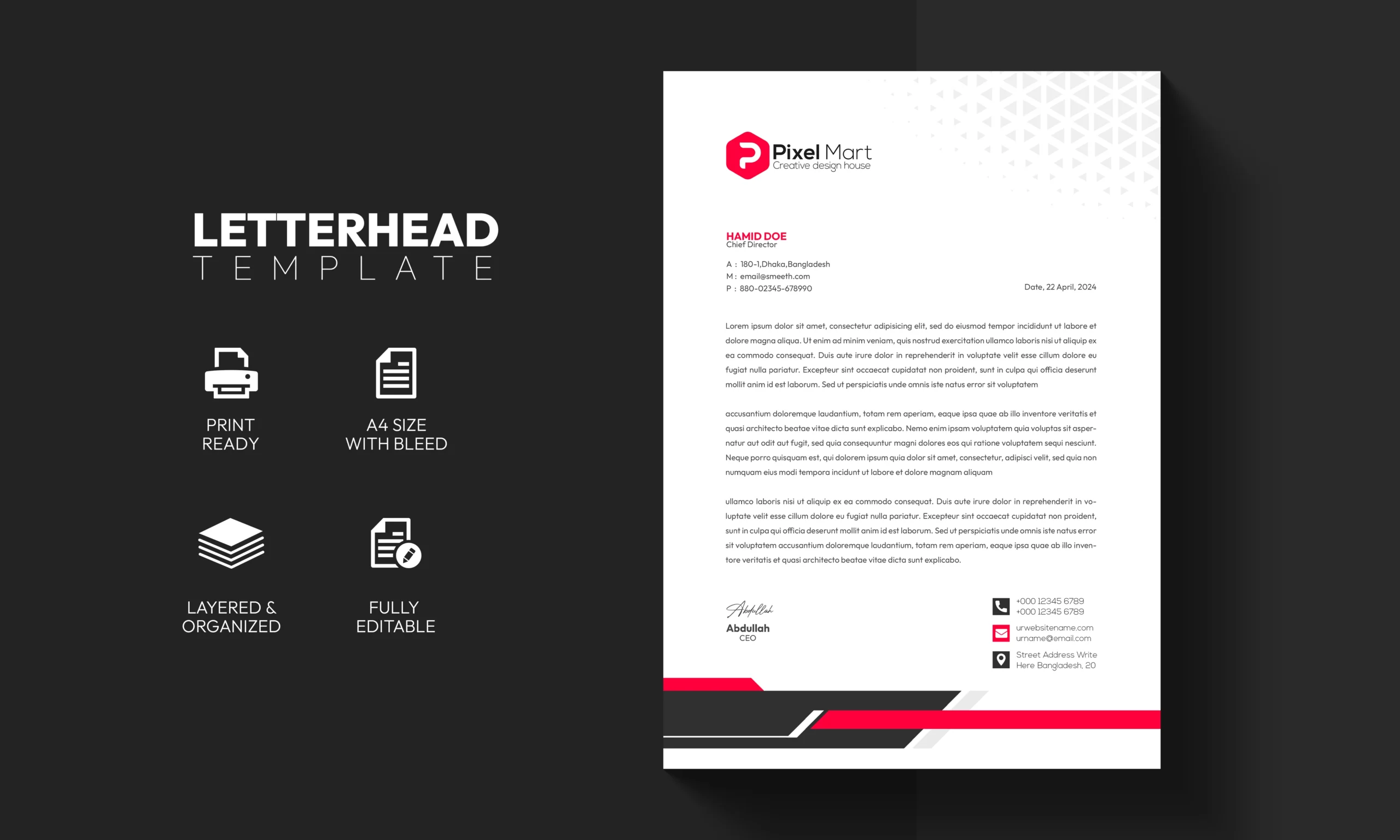 Elegant letterhead template with a bold red and black design, perfect for formal letters and branding purposes.</p>
<p>