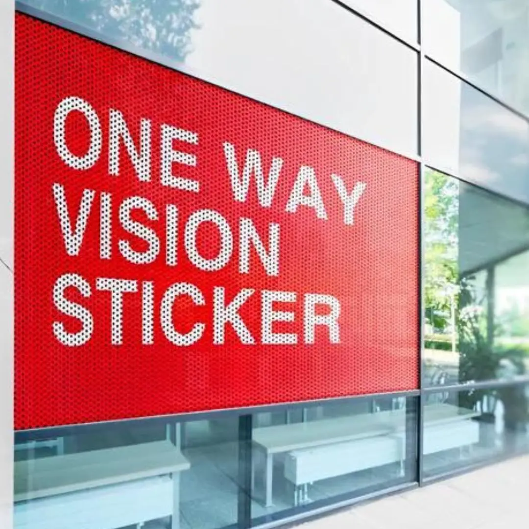 it shows one way vision writing ona glass indicating the sticker work